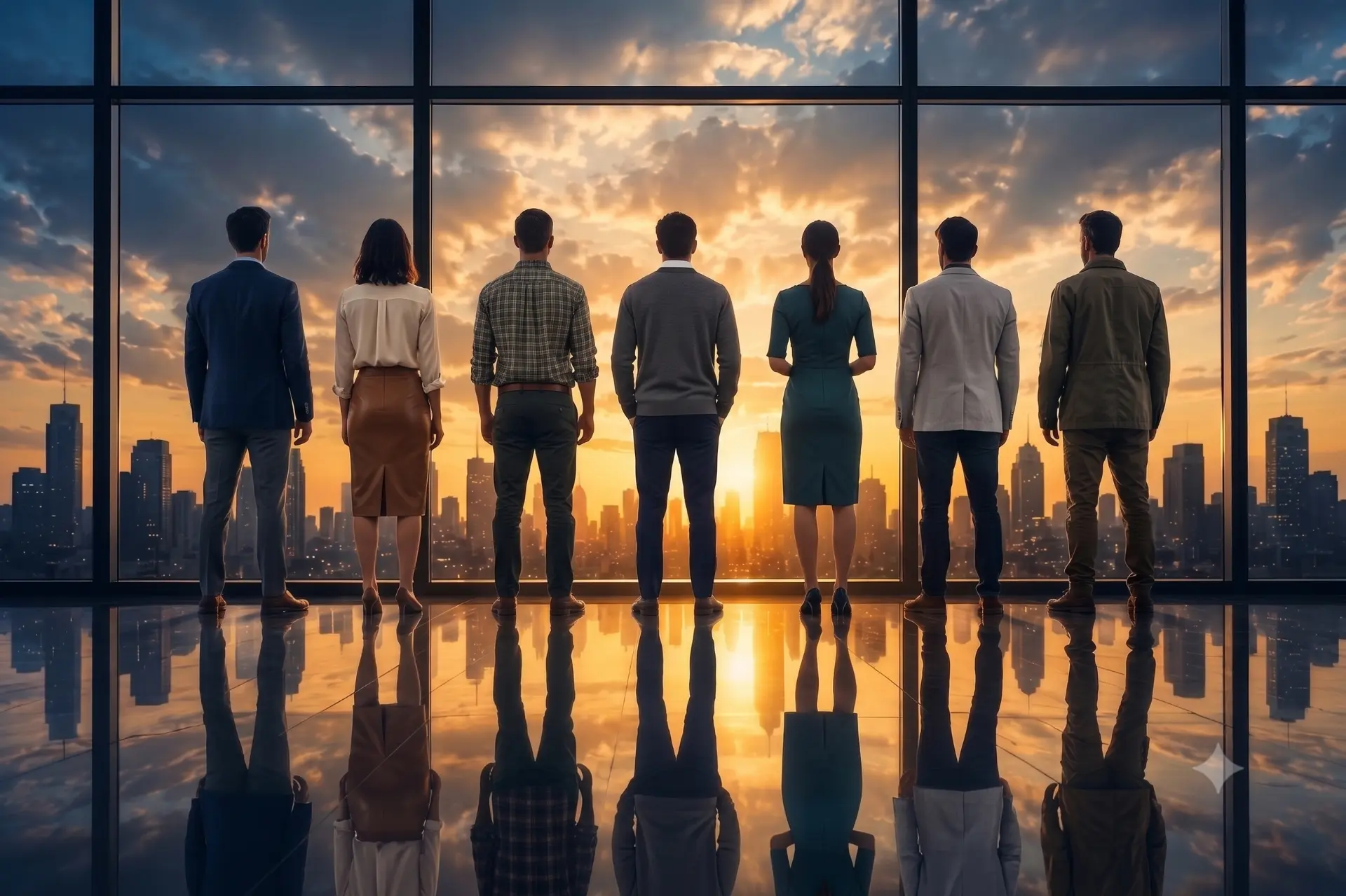 A team of professionals looking out at a city skyline at sunrise