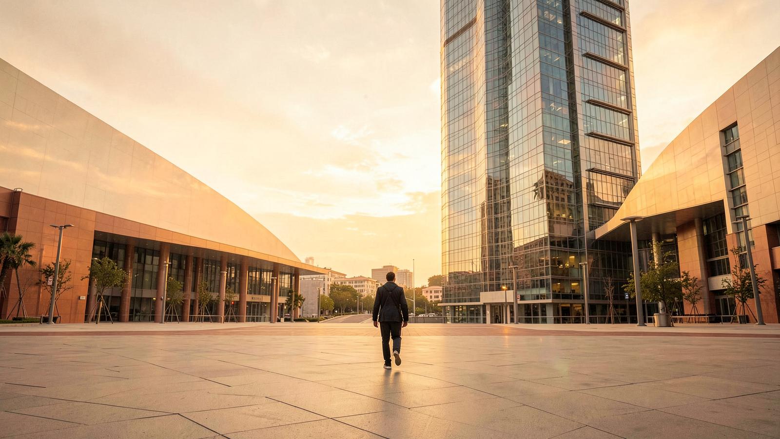 An engineer walking toward an enterprise campus at golden hour